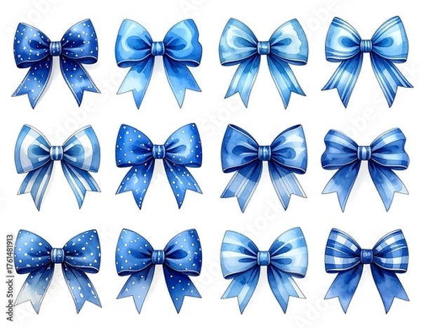 Fototapeta Twelve watercolor bows in various shades of blue, arranged in a grid. Each bow presents a different style with unique patterns
