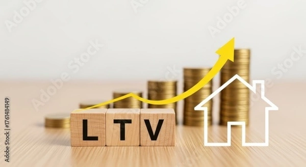 Obraz Wooden blocks spelling LTV with rising coins and house outline loan to value mortgage
