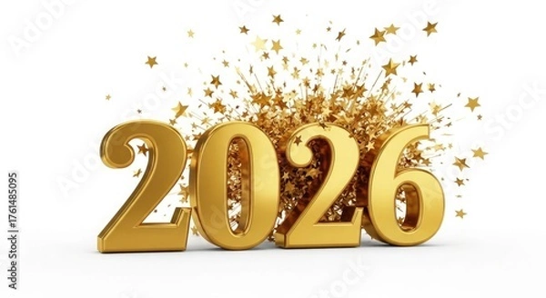 Fototapeta 3D golden 2026 numbers exploding with golden stars