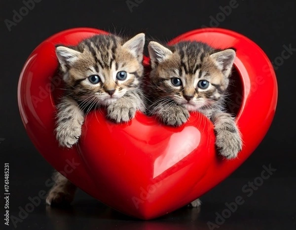 Fototapeta Two adorable tabby kittens peek out from a glossy red heart against a dark backdrop, creating a heartwarming scene