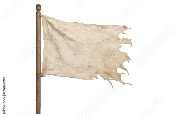 Fototapeta Old ragged white flag on flagpole representing surrender, defeat, truce, peace, or ending conflict, isolated object