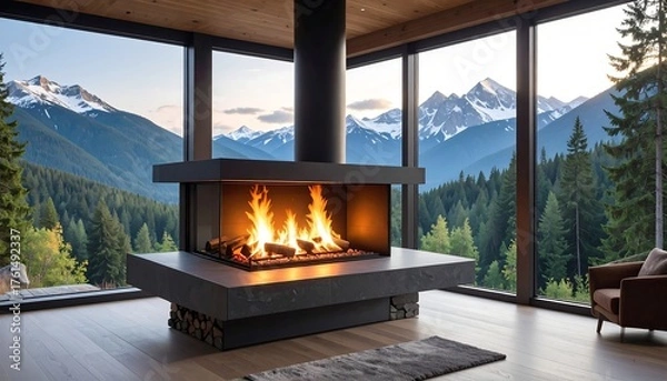 Obraz Modern fireplace with mountain view