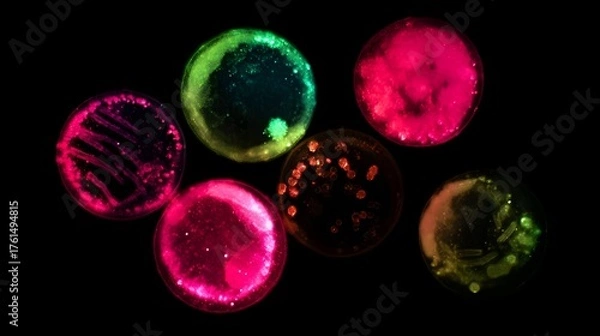 Fototapeta Microscopic view of diverse vibrantly fluorescently stained bacterial cultures and cell colonies in laboratory dishes