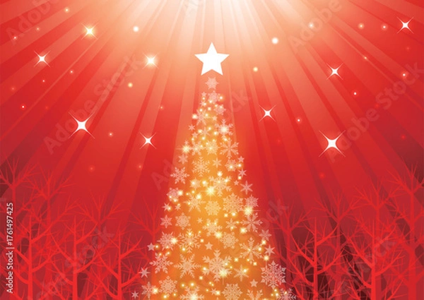 Fototapeta 森の中のクリスマスツリー、背景、イラスト、赤、横、かわいい、集中線