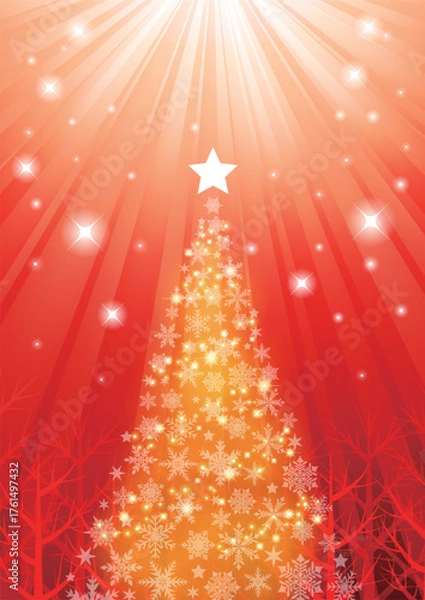 Fototapeta 森の中のクリスマスツリー、背景、イラスト、赤、縦、かわいい、集中線