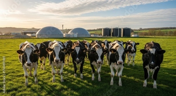 Fototapeta Herd of black and white cows standing in a green field with a biogas plant in the background on a bright sunny day