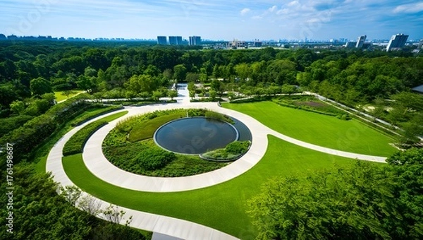 Fototapeta Aerial view of a beautiful park with a circular pond and lush green surroundings in the city