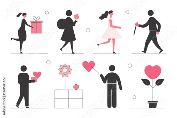 Fototapeta Silhouette vector bundle grid layout featuring people with gifts and flowers for design projects