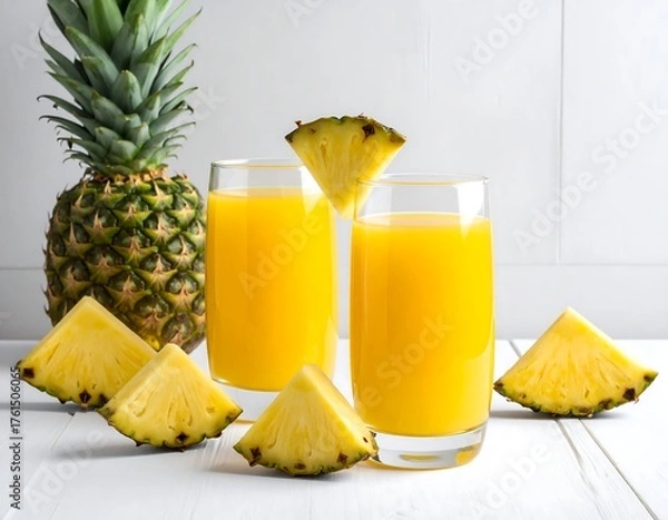 Fototapeta Two clear glasses filled with bright yellow juice, garnished with pineapple slices, next to a whole pineapple and more slices on a white wooden surface