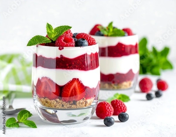 Fototapeta Two clear glasses filled with layered red berries, creamy white layers, and green mint sprigs