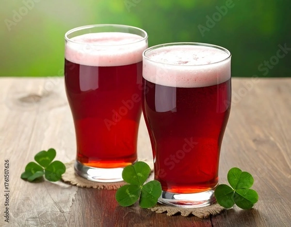 Fototapeta Two clear glasses of ruby-colored beverage with white foam, sitting on coasters with clovers, on wooden surface