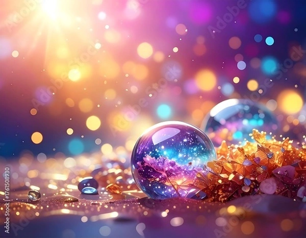 Fototapeta Two clear spheres display space-like galaxies, sparkling amid gilded shards and bokeh lights. A radiant sunburst bathes the scene