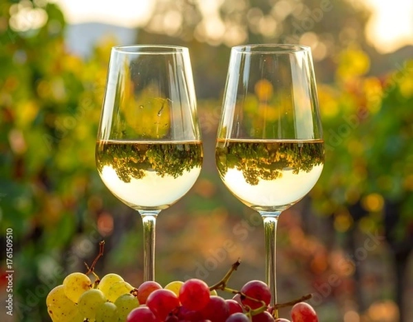 Fototapeta Two clear stemmed glasses filled with white wine are in focus, in front of a colorful out-of-focus vineyard