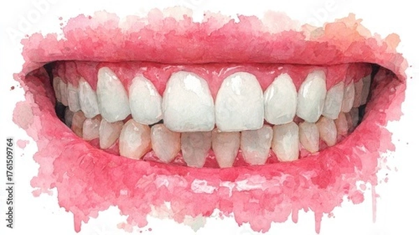 Fototapeta Watercolor Illustration of a Smiling Mouth with Teeth