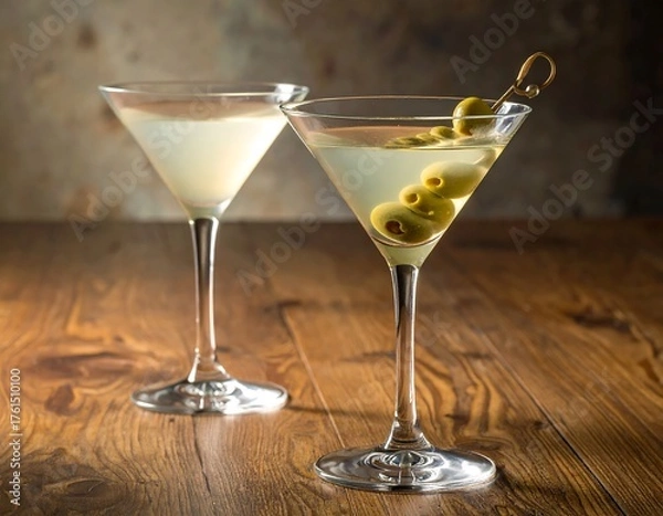 Fototapeta Two clear stemmed martini glasses, one with a creamy drink, the other with olives, sit on a wood table, aged backdrop