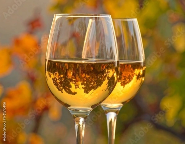 Fototapeta Two clear wine glasses filled with a light amber liquid, reflecting a blurry background of autumn foliage