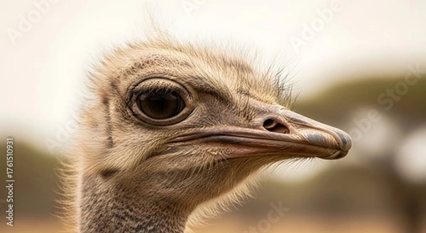 Fototapeta Close-up portrait of an ostrich's head with a blurred natural background.