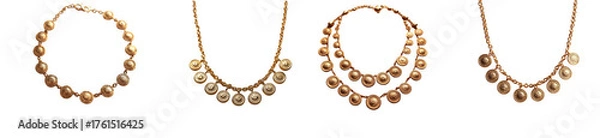 Obraz Four delicate gold necklaces with sparkling pendants, isolated on transparent background