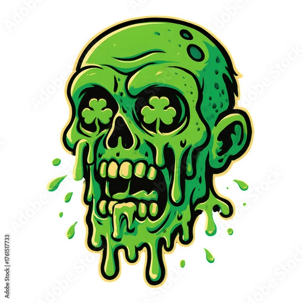 Fototapeta Green Zombie Skull St. Patrick's Day Halloween Art: Cartoon Skull With Clovers On Transparent Background