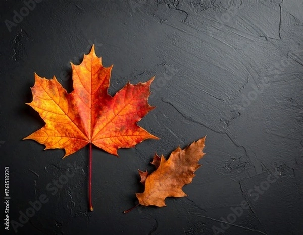Fototapeta Two colorful, fallen leaves ? a large maple and a smaller, brown oak leaf ? arranged against a textured black background
