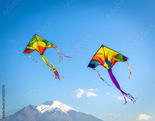Fototapeta Two colorful kites soar high in a bright blue sky, with snow-capped mountain backdrop, playful and festive