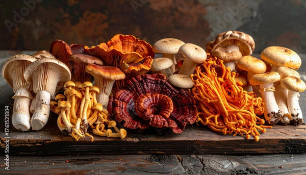 Fototapeta Assorted medicinal mushrooms including reishi, cordyceps, and shimeji displayed on a rustic wooden board. Rich textures and earthy tones highlight their adaptogenic and wellness properties