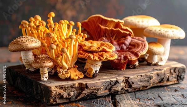 Fototapeta Assorted medicinal mushrooms including reishi, cordyceps, and shimeji displayed on a rustic wooden board. Rich textures and earthy tones highlight their adaptogenic and wellness properties