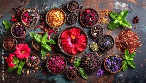 Fototapeta Flat lay of assorted herbal tea ingredients like hibiscus, rooibos, peppermint, and dried botanicals arranged in geometric harmony, symbolizing natural wellness, balance, and holistic healing