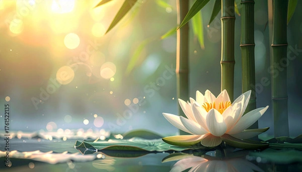 Fototapeta A delicate pink lotus flower blooming beside green bamboo under soft morning sunlight, symbolizing peace, balance, and spiritual awakening in a tranquil natural setting