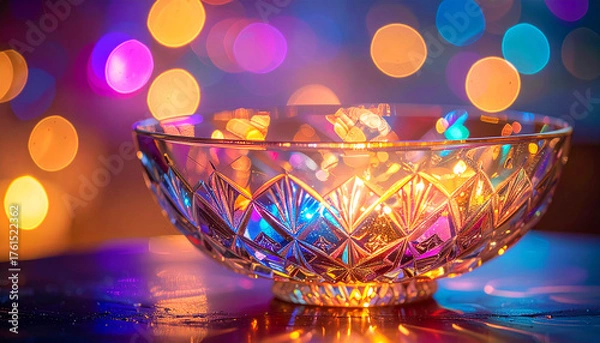 Fototapeta a crystal bowl glowing under vibrant, colorful lights. The glass reflects hues of pink, blue, and gold, creating an ethereal and meditative ambiance perfect for spiritual or wellness themes