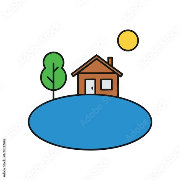 Obraz A simple of a house, tree, and sun over blue water.