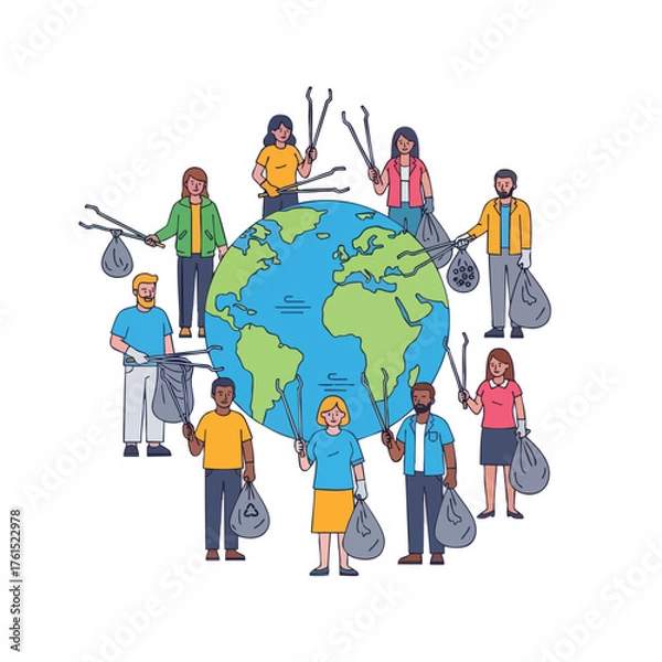 Obraz People around the globe cleaning up the environment, holding trash bags and tongs.