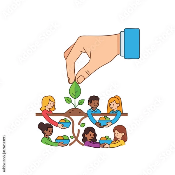 Obraz A diverse group of people sharing fruits while a hand plants a seedling.