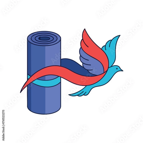 Obraz A rolled yoga mat with a bird flying around it with ribbons.