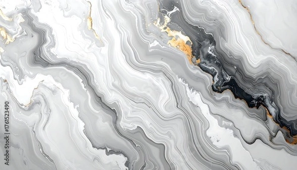 Fototapeta Abstract, flowing design mimicking marble. It's a swirling pattern of grayscale and white hues with touches of gold. The details create depth