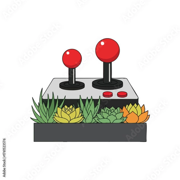 Obraz Retro joystick and arcade buttons nestled among colorful succulents.