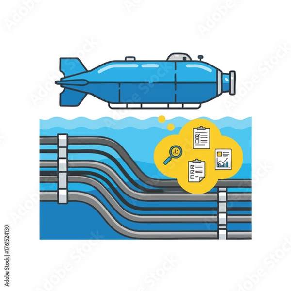 Obraz Submarine exploring underwater pipes, with a thought bubble of data analysis.