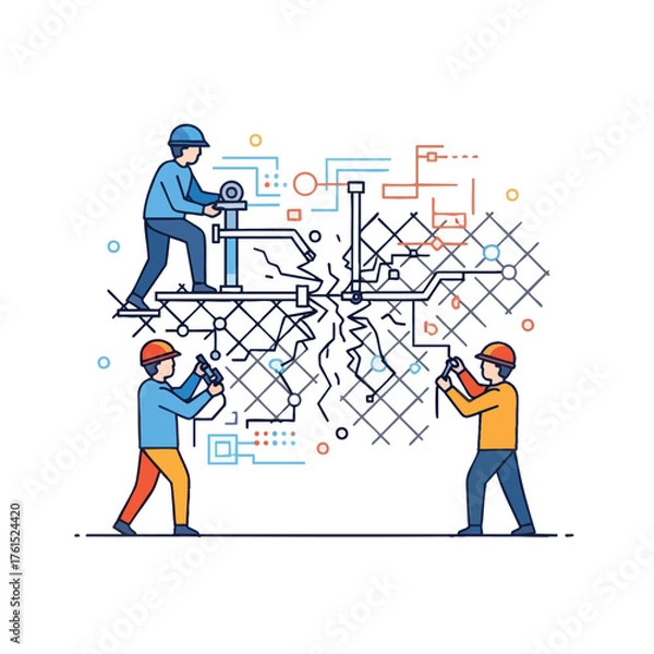 Obraz Workers in hard hats using tools and devices to repair a fractured grid.