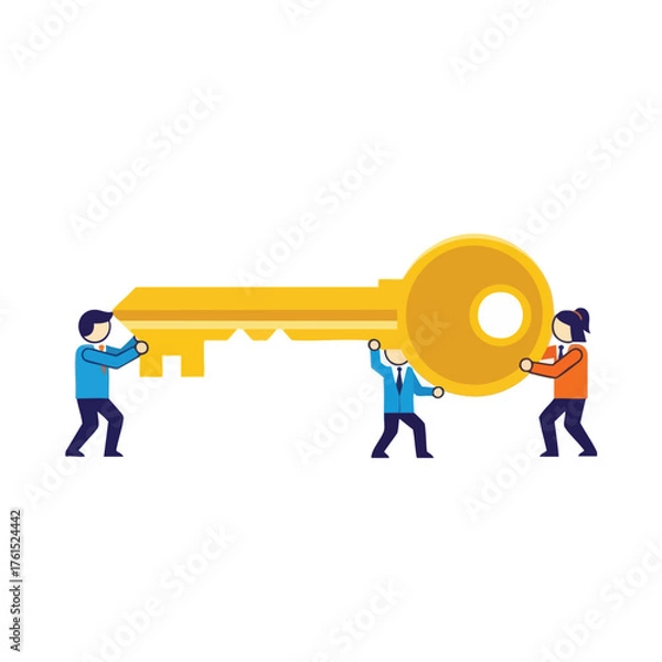 Obraz Three stylized people working together to hold a large golden key.