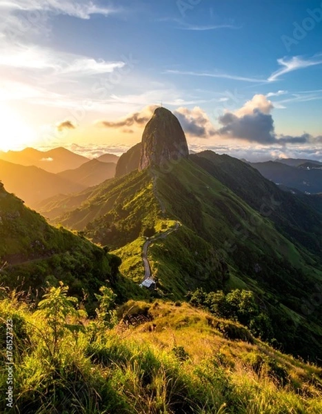 Obraz Mountain peak at golden sunset. Lush green hills, winding path