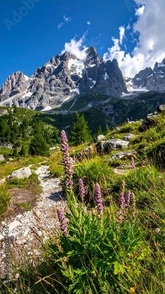 Obraz Mountain path with wildflowers under a clear sky