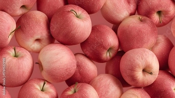 Fototapeta A close-up of many pink apples piled together. Concept Close-up of pink apples piled together, Macro photography of pink apples, Glossy pink-red apple skins, Abundant apple heap with rich color