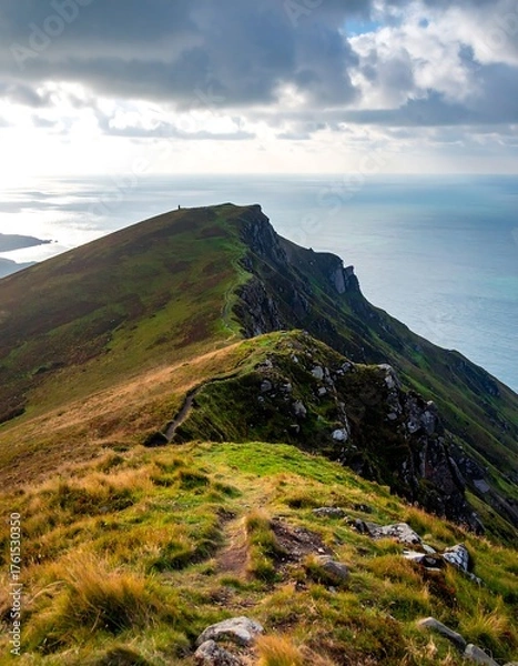 Obraz Mountain ridge path overlooking ocean. Dramatic clouds