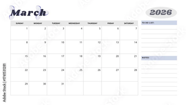 Fototapeta Minimalist Simple 2026 Monthly Calendar -  Minimalist Simple March 2026 Monthly Calendar