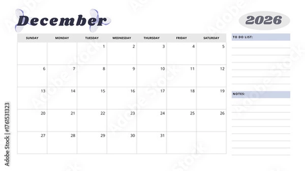 Fototapeta Minimalist Simple 2026 Monthly Calendar -  Minimalist Simple December 2026 Monthly Calendar