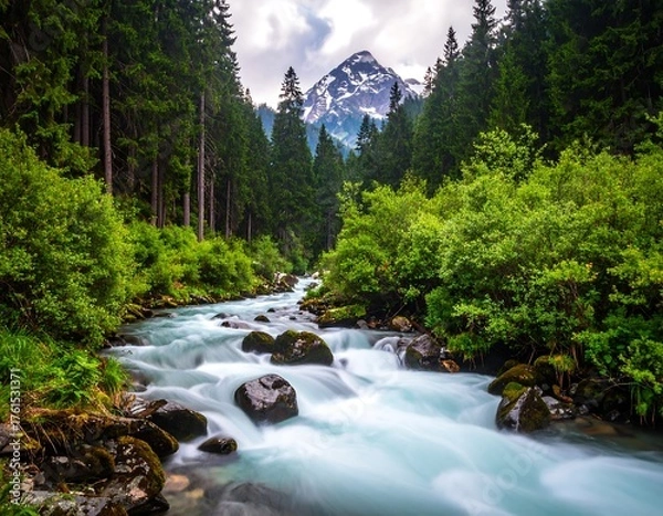 Obraz Mountain river flowing through lush forest