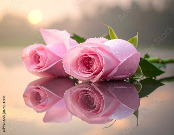 Fototapeta Two delicate pink roses rest on a reflective surface with water droplets, sunlit sky and soft background, creating a romantic scene