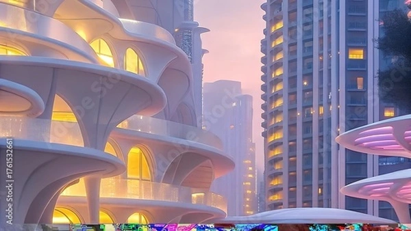 Fototapeta Futuristic Organic Architecture with Curved White Pods and Illuminated Balconies in Vibrant Sunset Urban Skyline