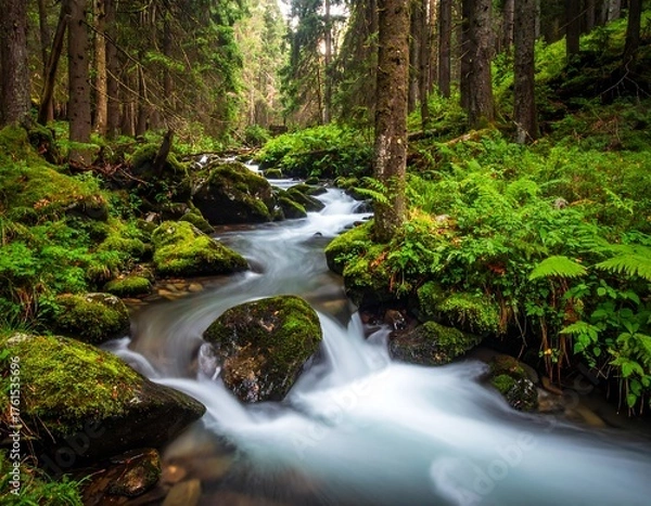 Obraz Mountain stream flowing through mossy forest