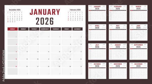 Obraz calendar for 2026 starts sunday, vector calendar design 2026 year